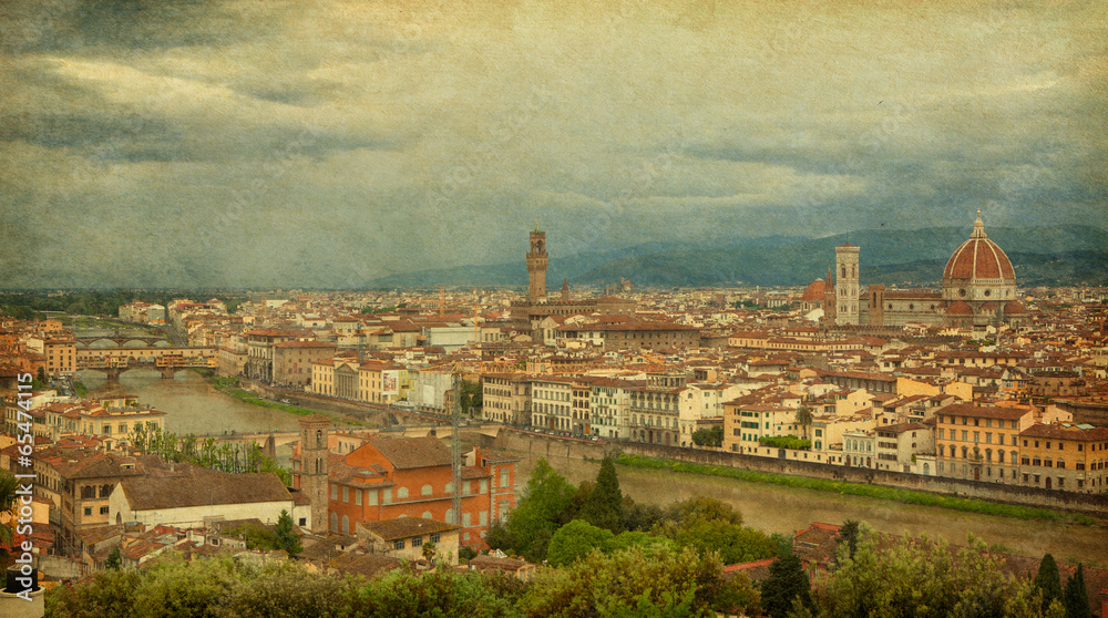 Florence skyline city, Tuscany, Italy.  Added paper texture