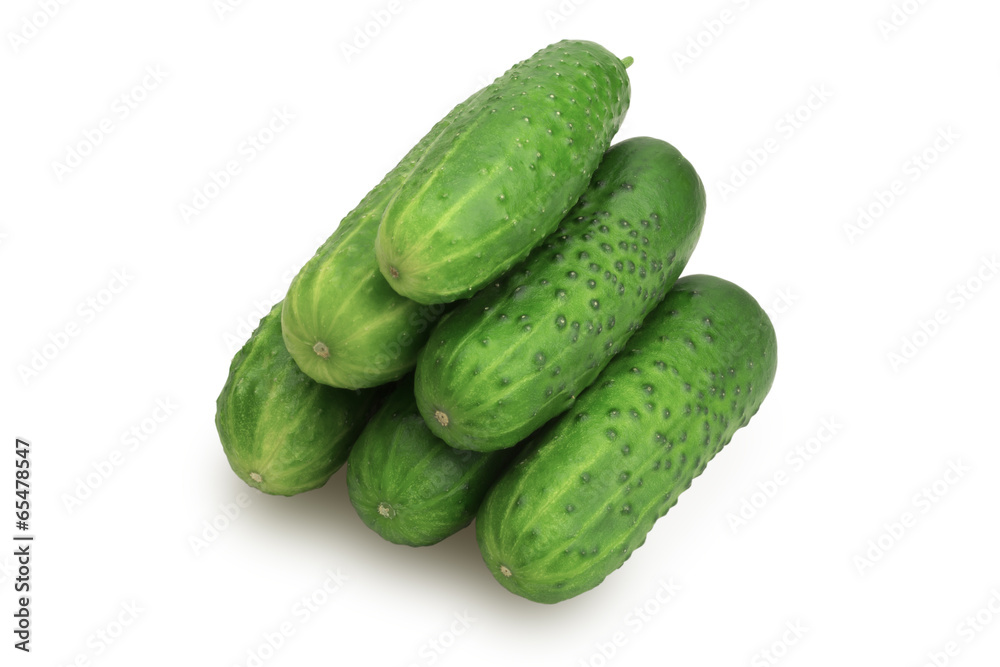 Six cucumbers on a white background