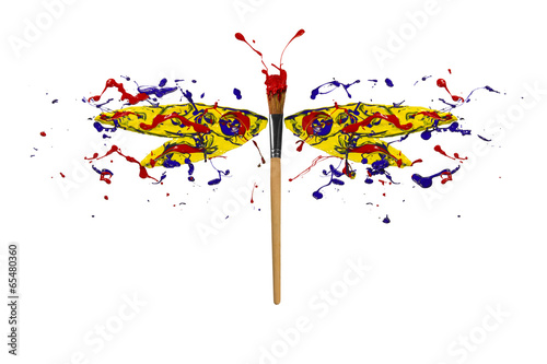 Yellow red blue paint splah made dragonfly