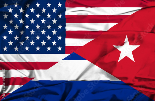 Canvas Print Waving flag of Cuba and USA