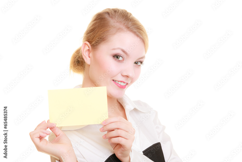 Ad. Businesswoman holding blank copy space card Ad. Businesswoman holding blank copy space card