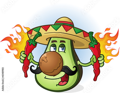 Avocado Mexican Cartoon Character Sombrero Hot Peppers