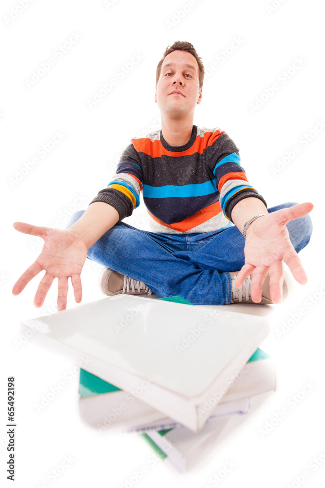 tired college student with books studying for exams isolated tired college student with books studying for exams isolated