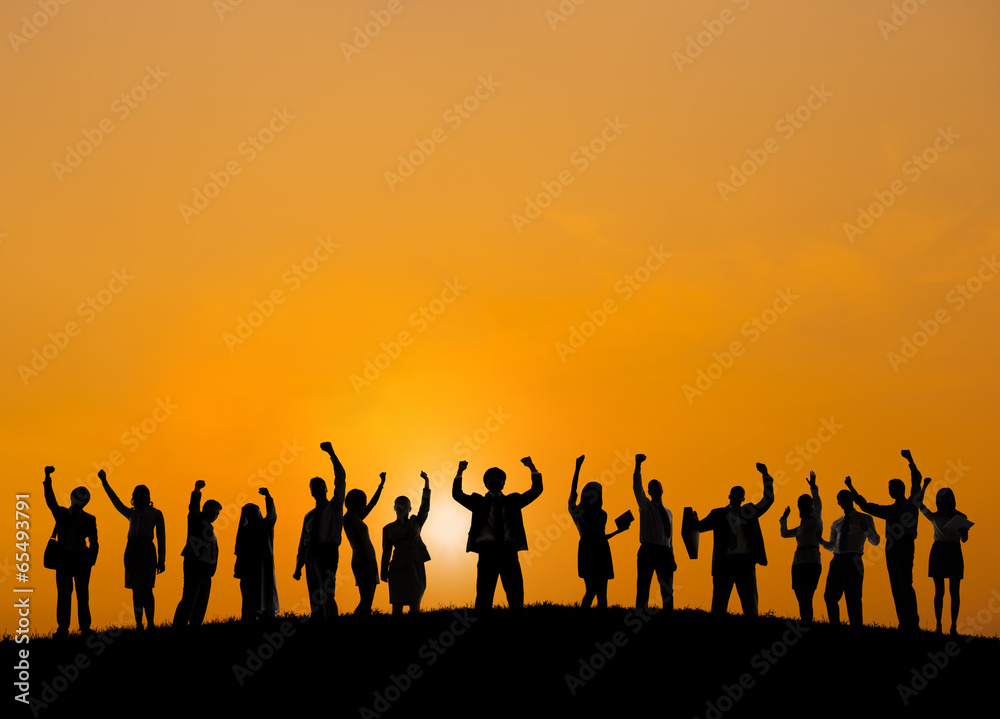 Business People Standing Outdoors Celebrating Success Business People Standing Outdoors Celebrating Success