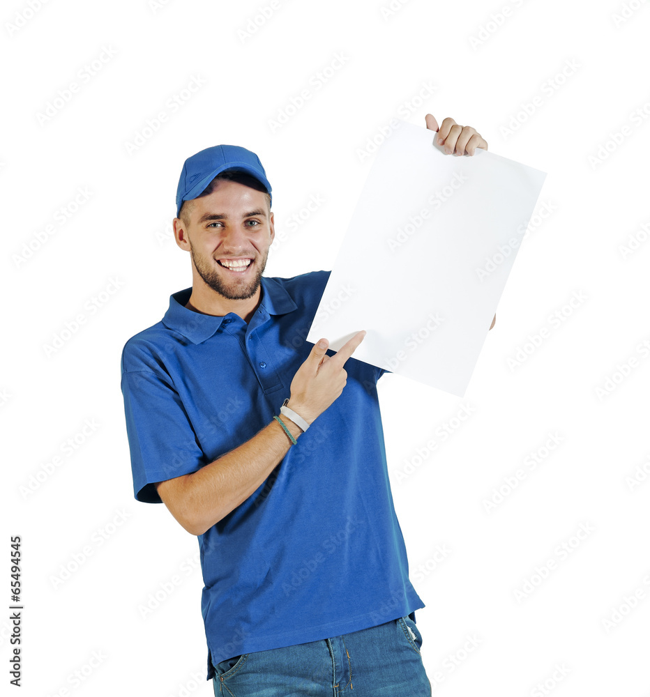 Young attractive guy holding white placecard in blue uniform Young attractive guy holding white placecard in blue uniform