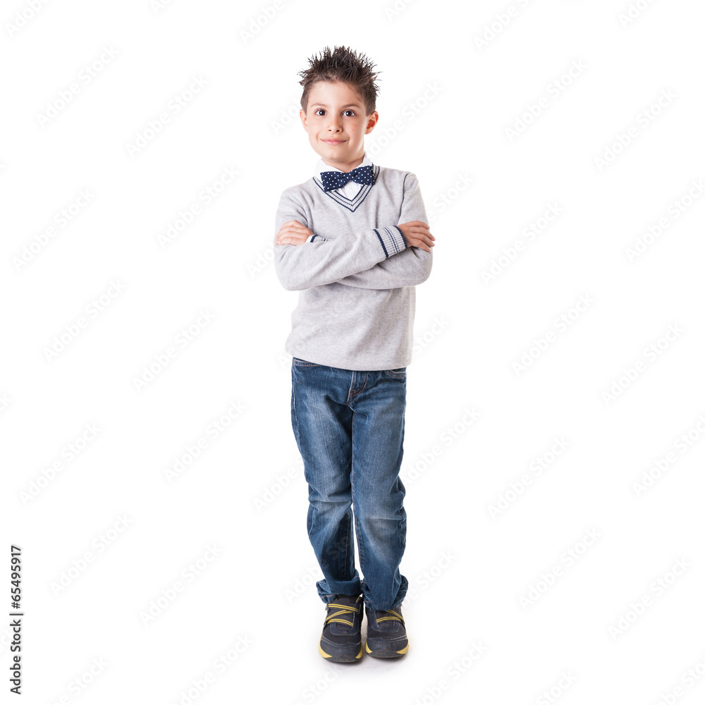 Full body portrait of eight year kid with crossed arms wearing p Full body portrait of eight year kid with crossed arms wearing p