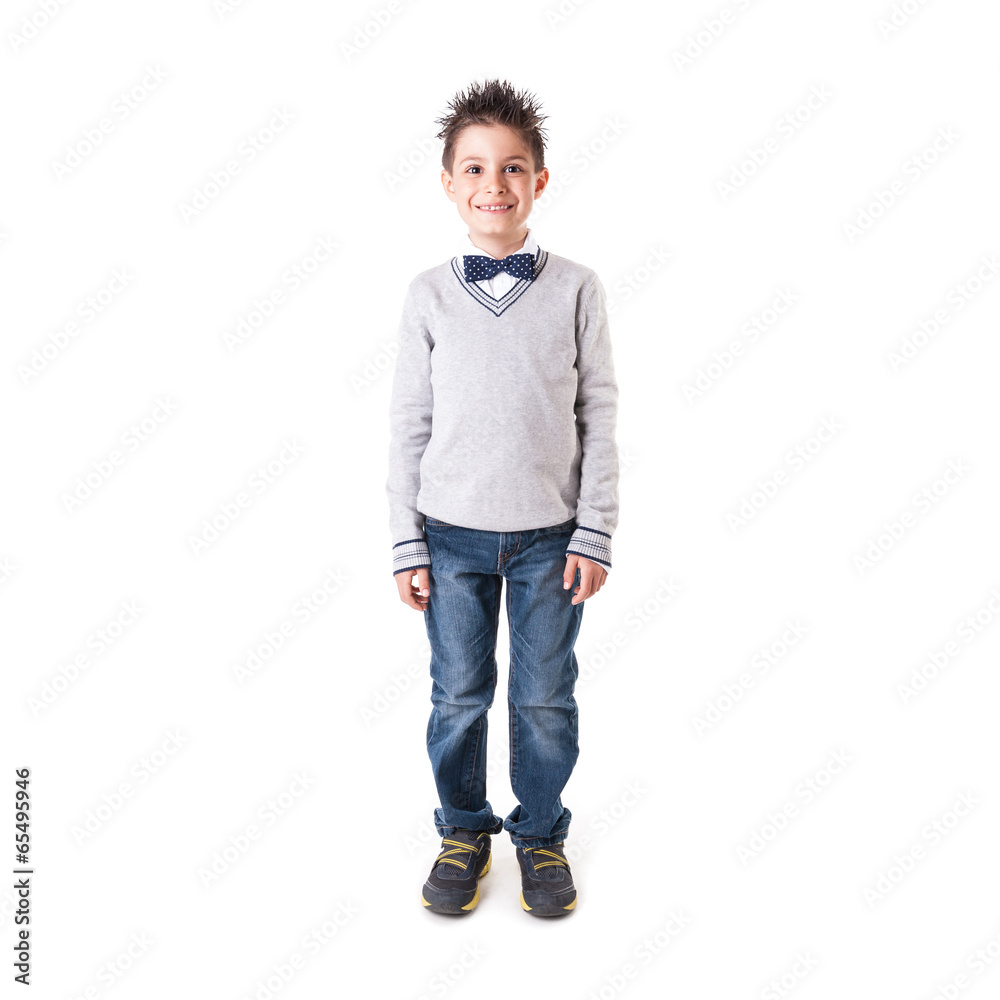 Fototapeta premium Full body portrait of eight year kid wearing papillon against wh