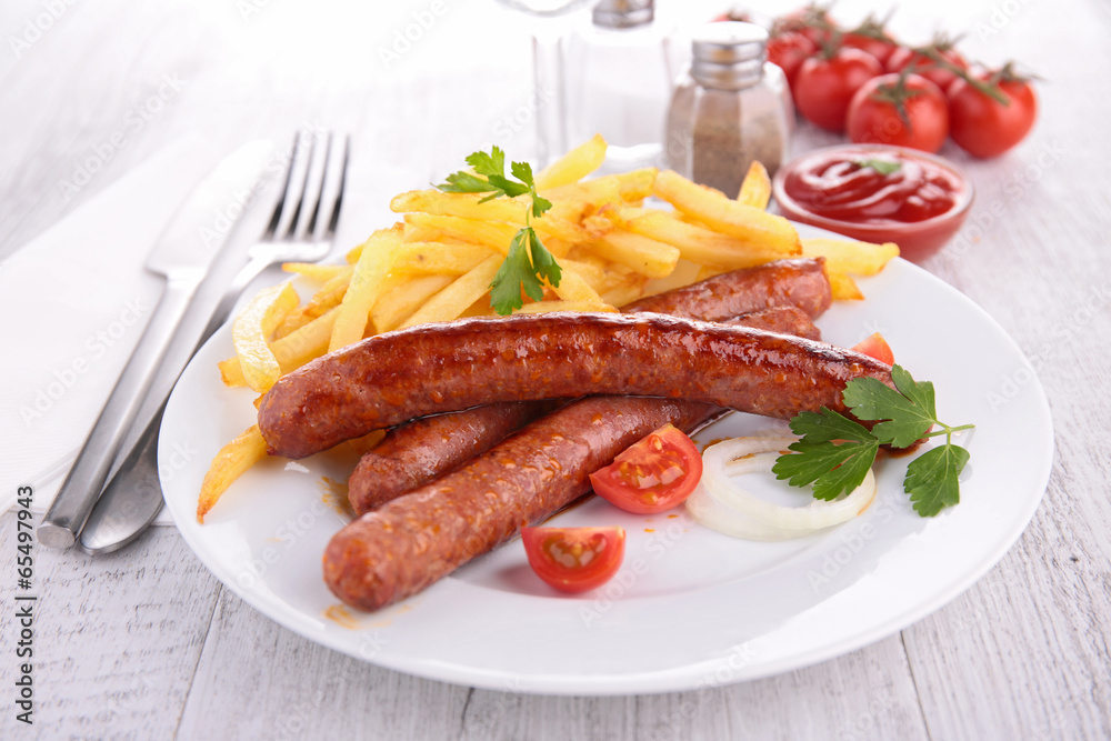 grilled sausage and fries