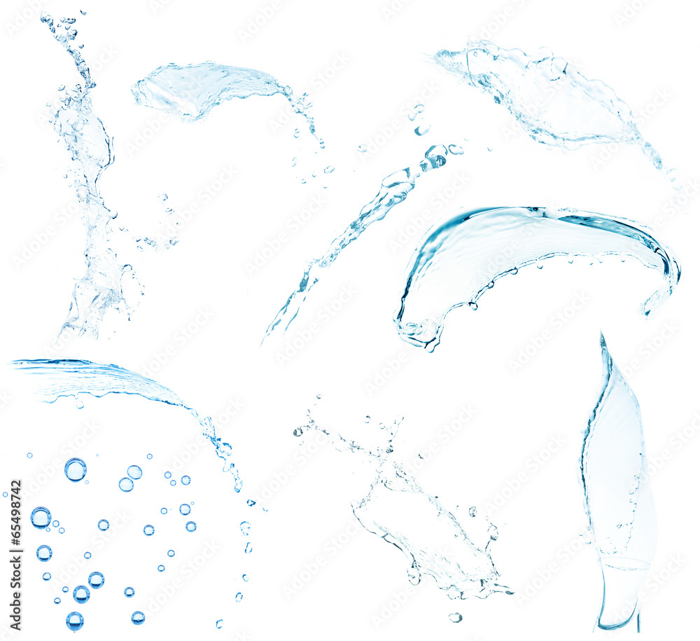 Water splashing collage, isolated on white