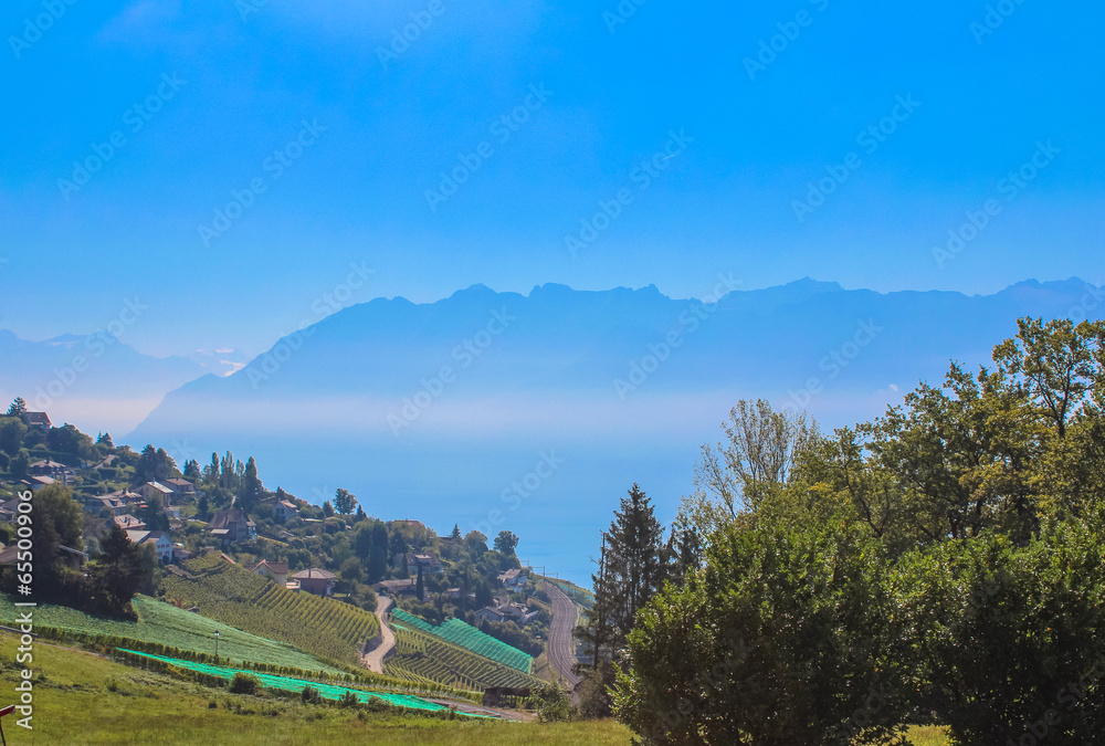 View on Montreux coastline from Geneva lake, Switzerland.