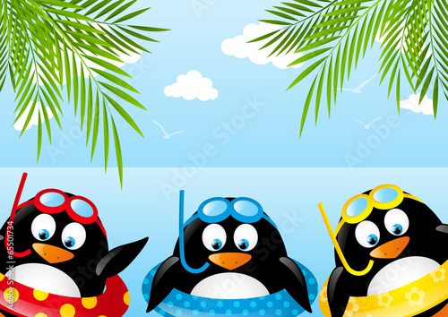 Fototapeta Naklejka Na Ścianę i Meble -  Funny swimming penguins with lifebuoy