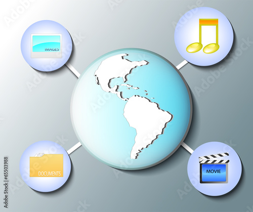 Illustration of world globe with media icons