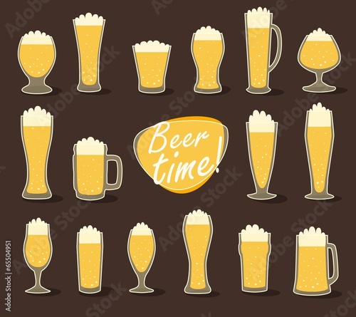 Beer in glass flat icon set, vector illustration