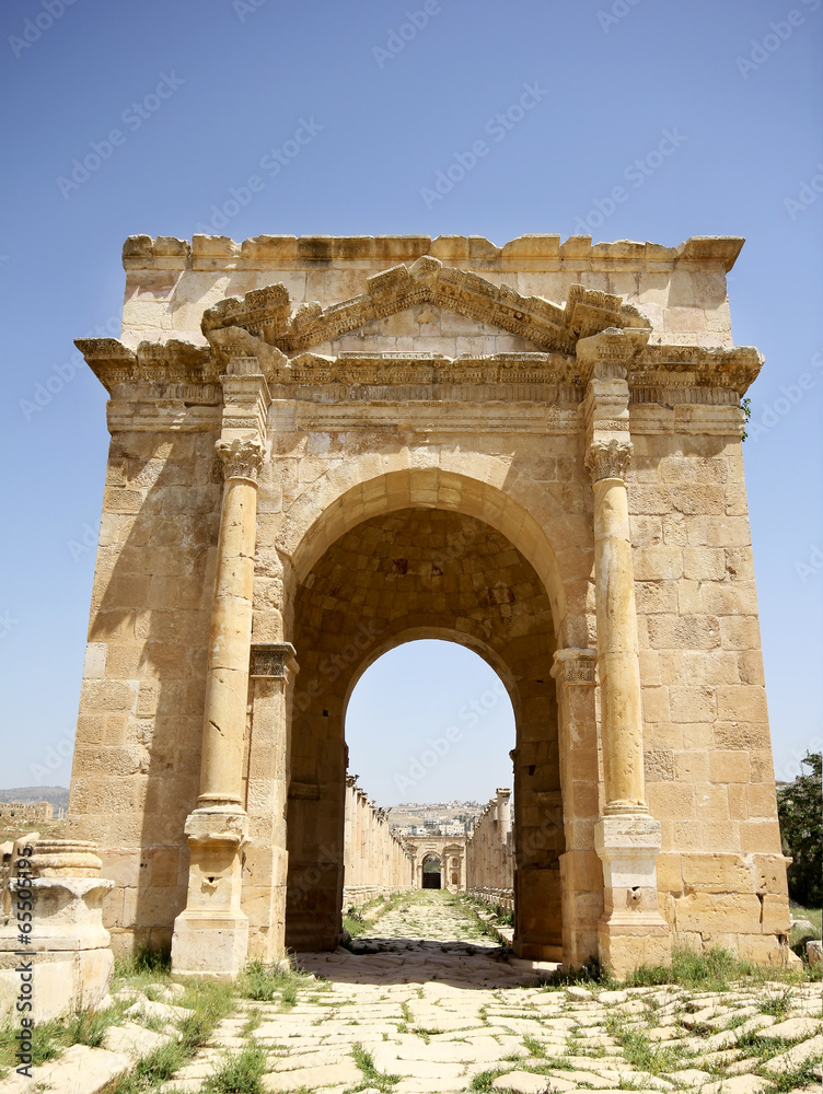 East gate of roman pillar street in the ancient Jerash. Jordan