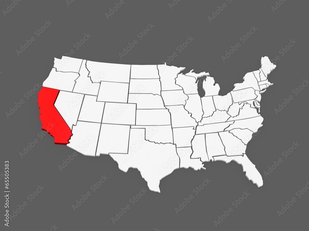 Three-dimensional map of California. USA.