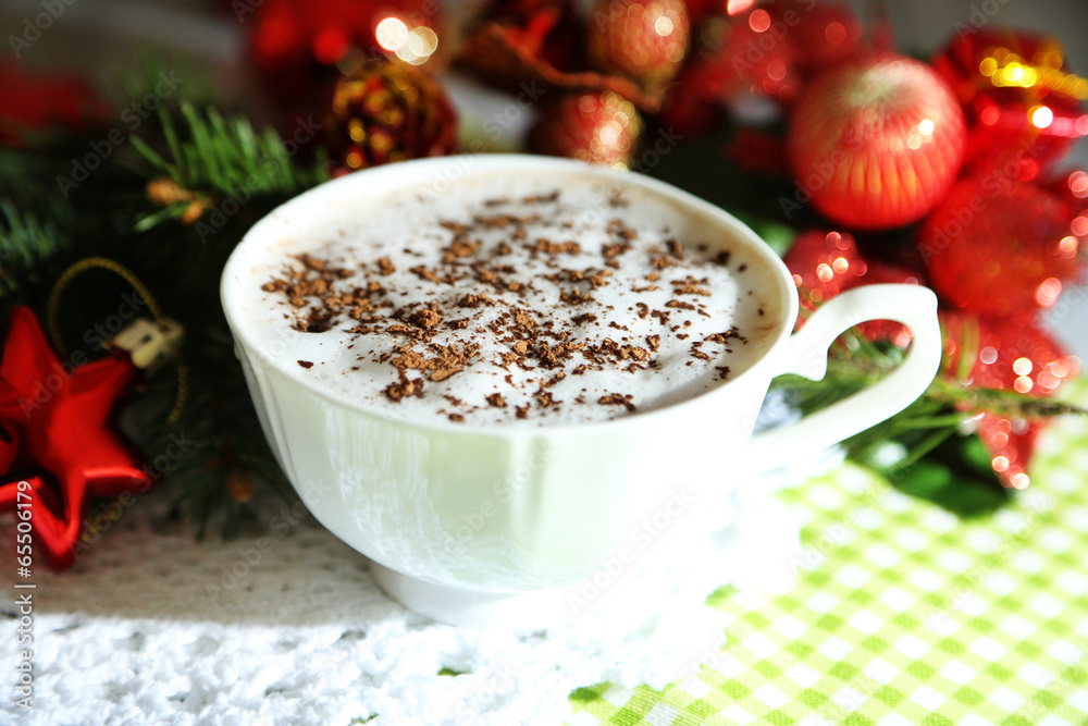 Hot chocolate with cream in color mug, Hot chocolate with cream in color mug,
