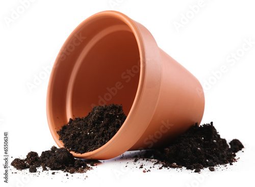 Clay flower pot with soil, isolated on white