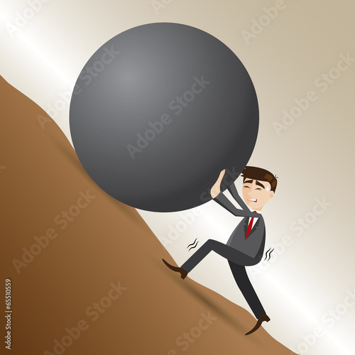 cartoon businessman push steel ball on moutain