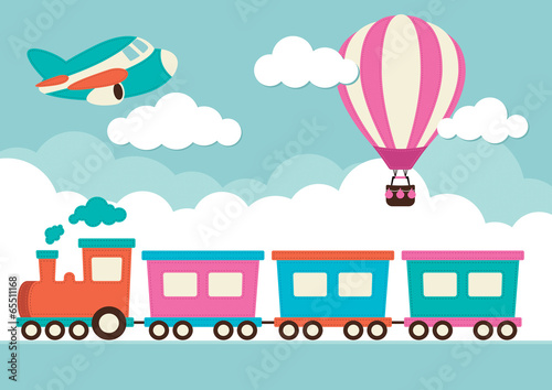 Train, Hot Air Balloon and Plane