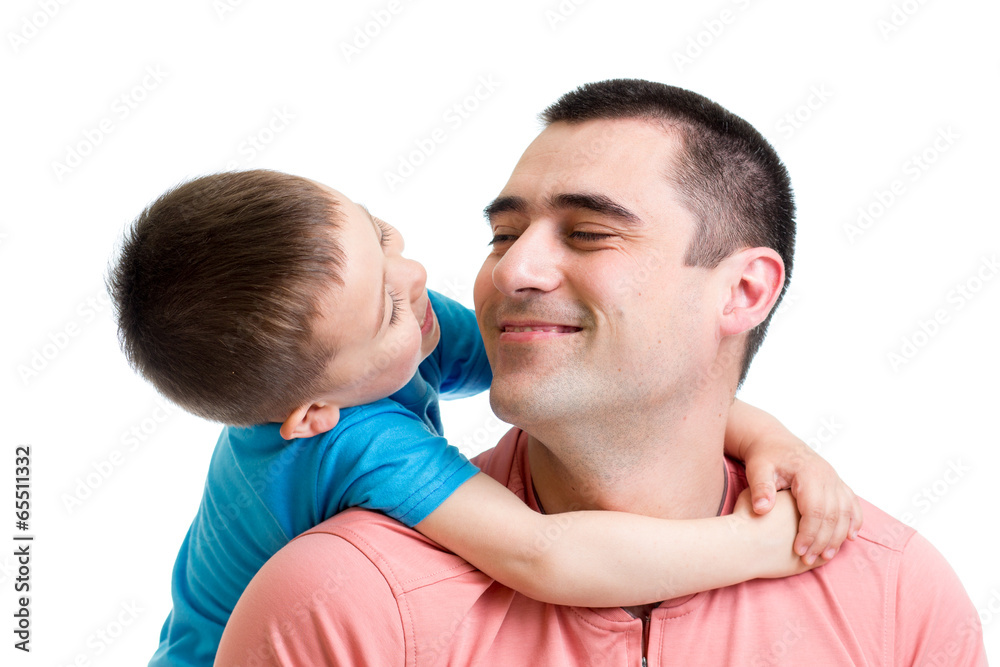 happy child embracing his father isolated on white happy child embracing his father isolated on white