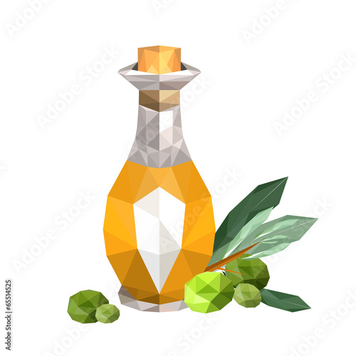 Illustration of geometric polygonal olive oil bottle with olives