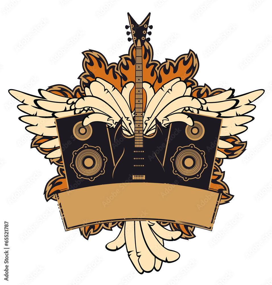 emblem with an electric guitar, speakers and wings Stock Vector | Adobe ...