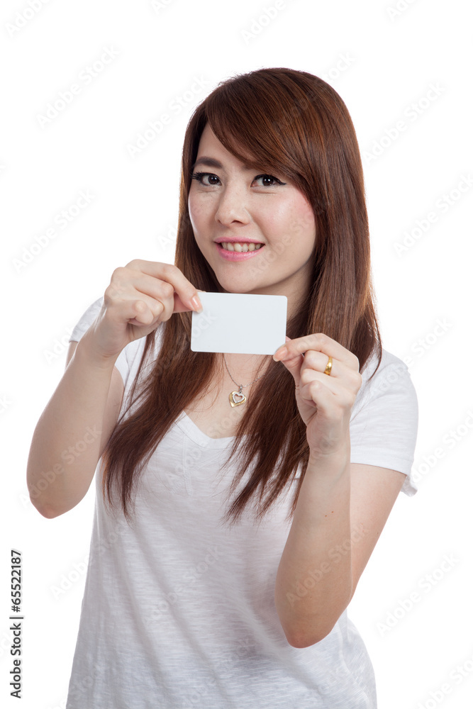 Asian girl show a blank card with both hand Asian girl show a blank card with both hand