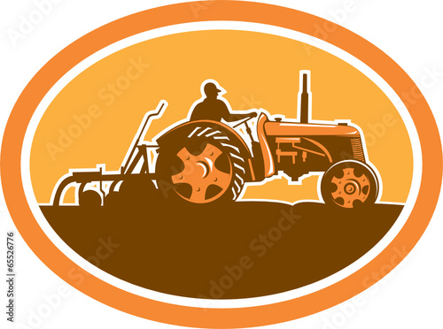 Farmer Driving Vintage Farm Tractor Oval Retro