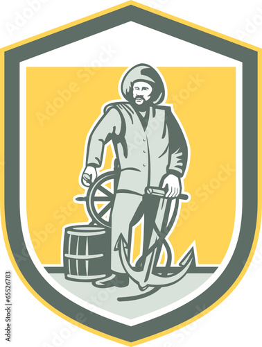Fisherman Holding Anchor Wheel Shield Retro