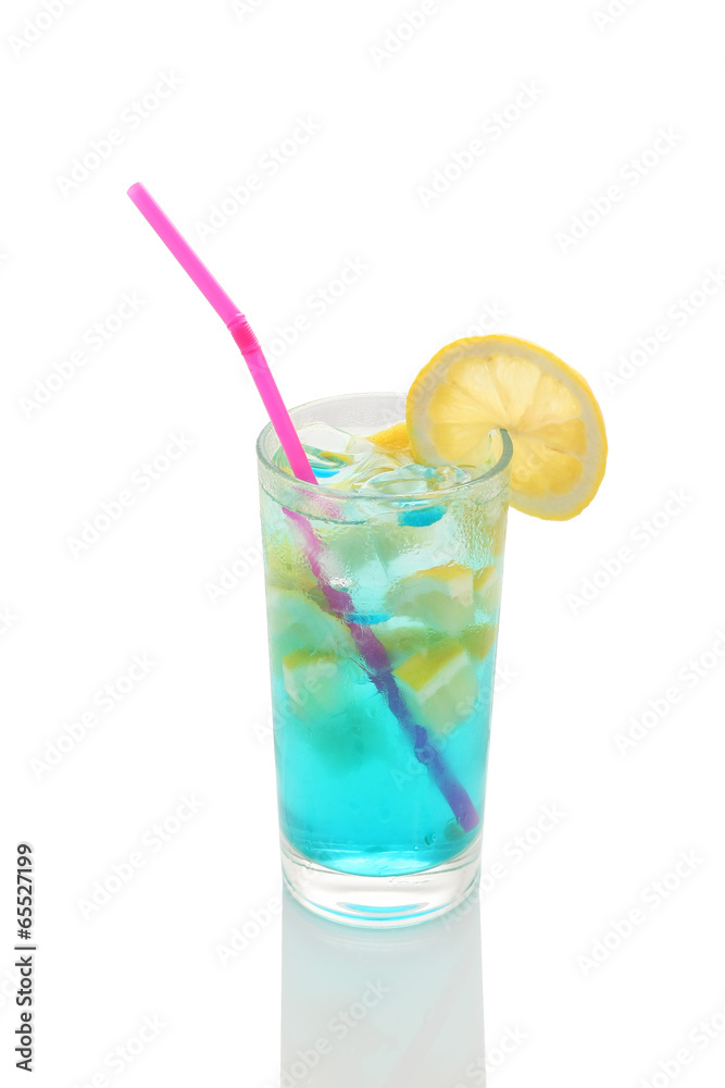misted glass of lemonade with lemon and blue syrup misted glass of lemonade with lemon and blue syrup
