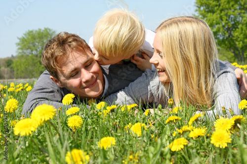 Child Kissing Father and Mother in Flower Meadow