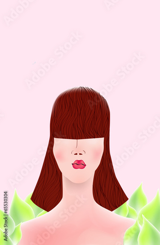 Girl with beautiful hair in the leaves on a pink background