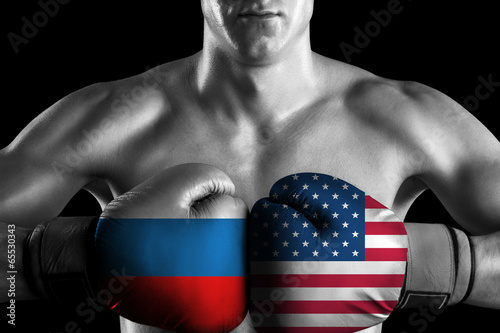 B&W fighter with Russia and USA color gloves
