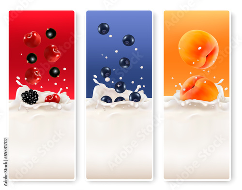 Three fruit and milk labels. Vector.