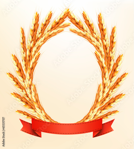 Ripe yellow wheat ears with red ribbons. Vector background
