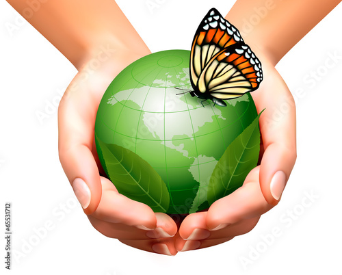 Green world with leaf and butterfly in woman hands. Vector illus
