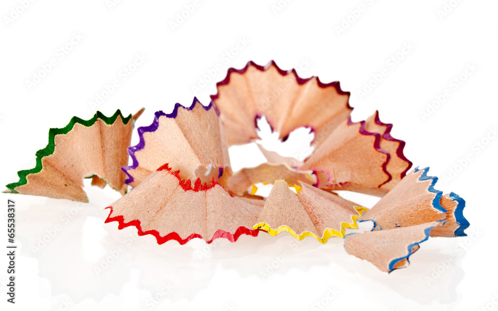 Beautiful shavings from colored pencils isolated on white backgr Beautiful shavings from colored pencils isolated on white backgr