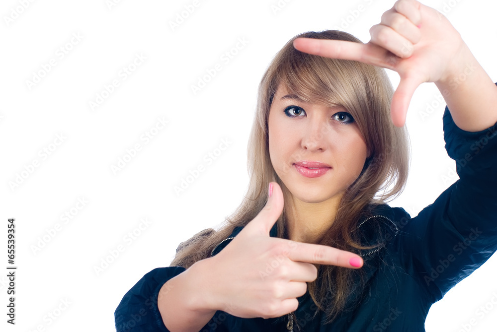 Girl showing frame sign Girl showing frame sign