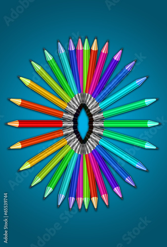 Brightly coloured crayon collection with bluebackground