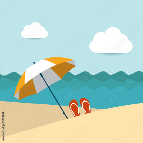 Summer beach with yellow umbrella. Flat design.