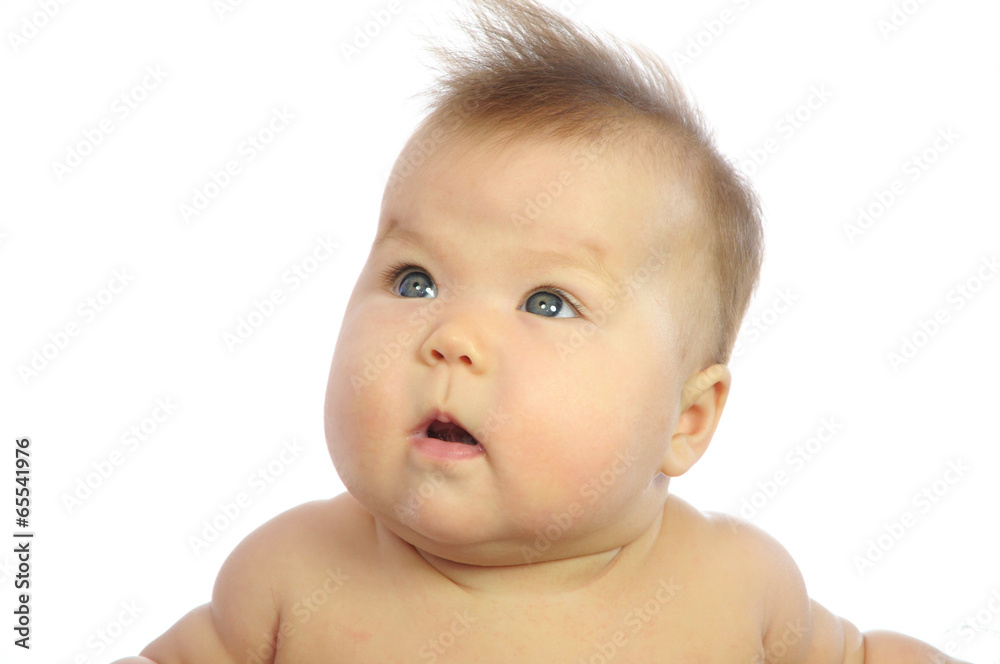 White caucasian Baby looking up isolated White caucasian Baby looking up isolated
