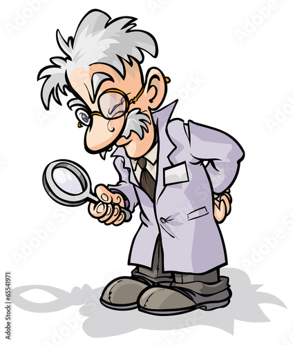 Cartoon scientist with a magnifying glass.