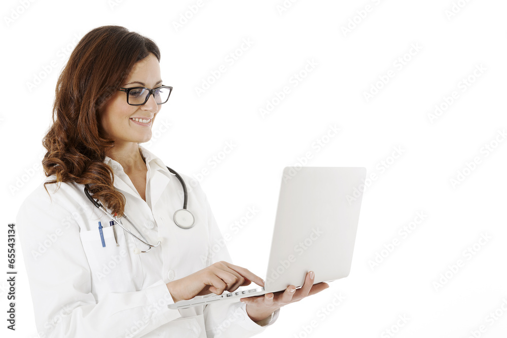 medical doctor woman with stethoscope and laptop pc medical doctor woman with stethoscope and laptop pc
