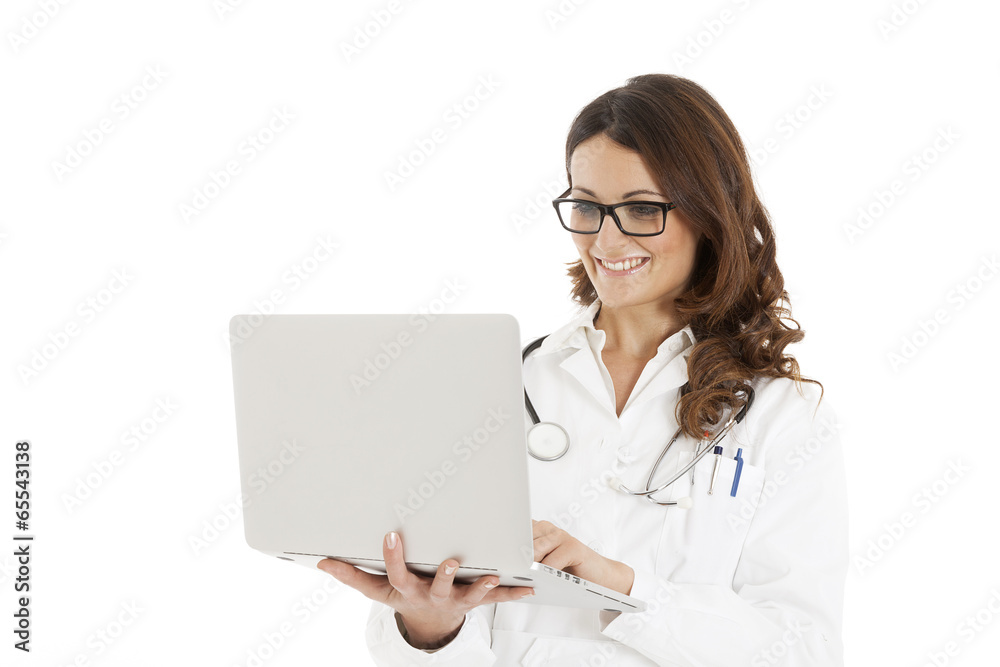 medical doctor woman with stethoscope and laptop pc medical doctor woman with stethoscope and laptop pc