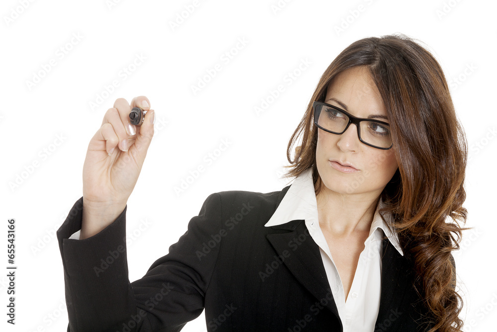 Business woman writing with black marker pen on virtual screen
