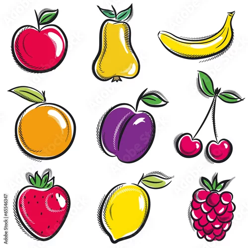 Naklejka na ścianę zestaw owoców, owoców, jabłka, gruszki, banana, pomarańczy, śliwki, wektor