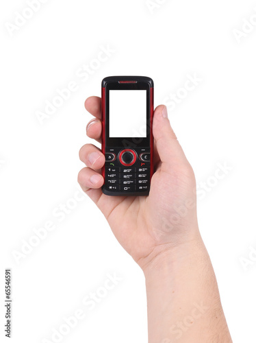 Hand holds red-black cell phone.