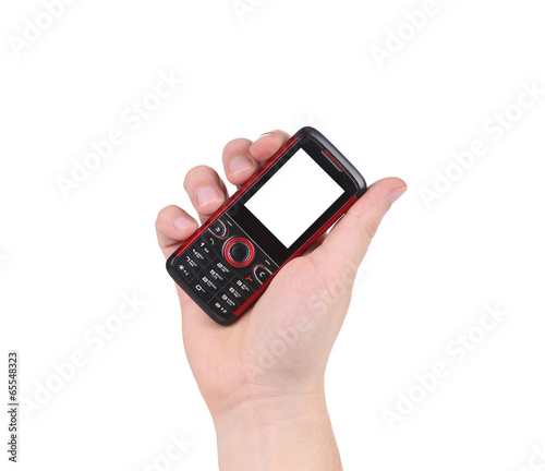 Hand holds red-black cell phone.