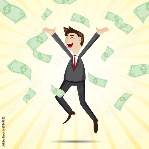 cartoon happy businessman jumping with money