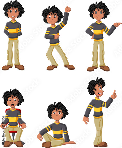 Cartoon black boy on different poses
